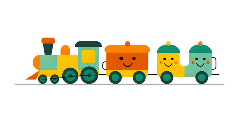 Fototapeta premium Colorful Toy Train Journey: A cheerful and vibrant illustration of a toy train, with adorable smiling faces, is ready to embark on a whimsical adventure on a track.
