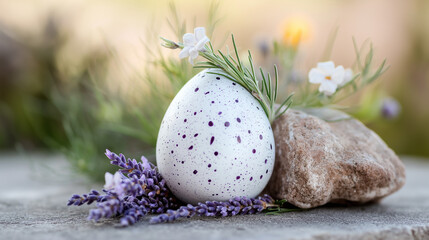 Obraz premium Spotted Easter egg with lavender and stone – natural spring composition for seasonal decoration and greeting cards.