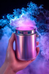 A hand holds a metallic container emitting vibrant purple and blue smoke, creating a mystical and futuristic aesthetic.