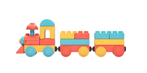 Naklejka premium Colorful Toy Train: A charming toy train, meticulously crafted from vibrant building blocks, offers a delightful glimpse into the realm of play, creativity, and childhood amusement.