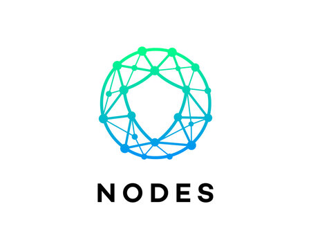 Modern logo concept featuring interconnected nodes forming a circular letter O. Abstract design with a blue and green gradient, ideal for technology brands.