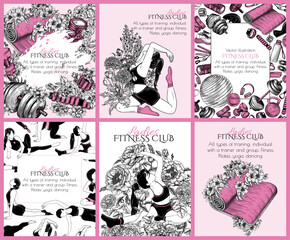 Vector set of 6 cards for women's gym. Pink pilates equipment surrounded by flowers. Girls of different nationalities and body types doing fitness. Collection of sports banners