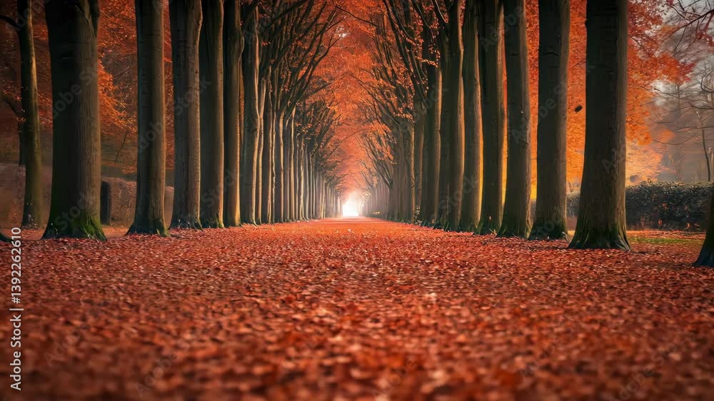 Aufkleber scenic tree-lined pathway covered in vibrant fallen leaves in a tranquil park during autumn, creatin