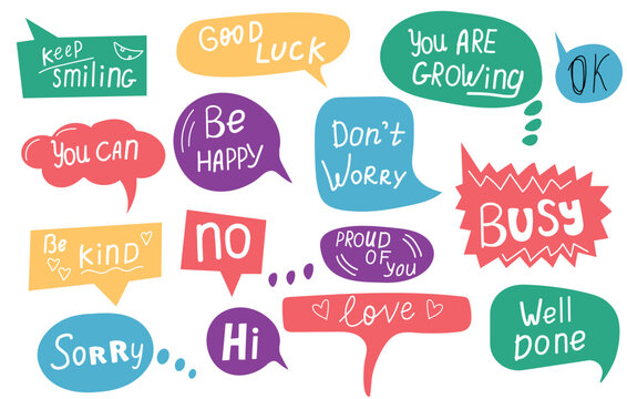 Colorful cartoon speech bubbles with encouragement words, reward. Short handwritten text. Speak balloon. Affirmation