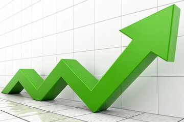 business graph with arrows, financial chart with 3d green color uptrend line arrow graph go up and stock market on white color background stock illustration