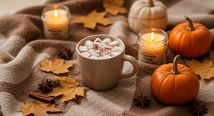 Fototapeta premium Cozy Autumn Scene: Hot Chocolate and Candles on a Plaid Blanket AI Generated
