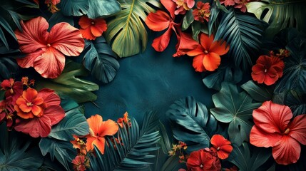 Vibrant Hibiscus Flowers and Tropical Leaves on Dark Teal Background