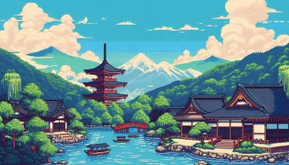 landscape with village and mountains