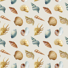 watercolor seamless pattern with sea shells spiral conch clam underwater ocean elements for summer beach, coastal design