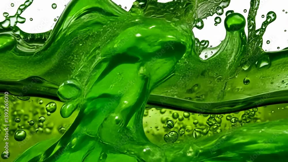 Poster dynamic close-up of vibrant green liquid with splashing and bubbles, showcasing texture and movement