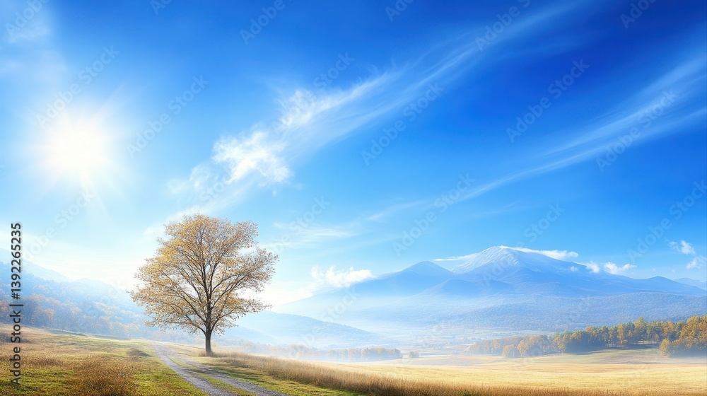 Poster scenic view of a solitary tree in a misty autumn field with snow-capped mountains under a vibrant bl