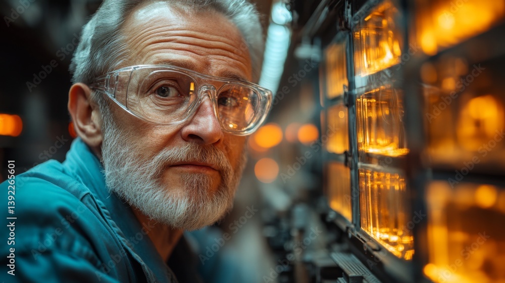 Poster an experienced worker oversees the glass production process in a busy manufacturing facility, ensuri