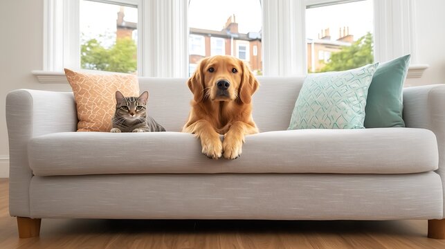 Golden retriever and tabby cat sitting together on a gray couch in a bright living room with pillows - Powered by Adobe