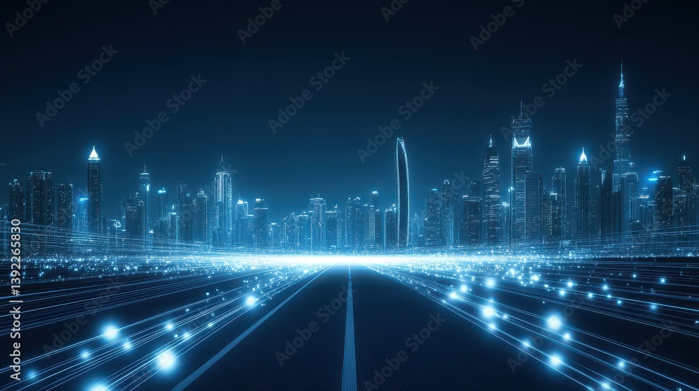 Poster futuristic cityscape skyline with glowing highway symbolizing digital connectivity in a stunningly r
