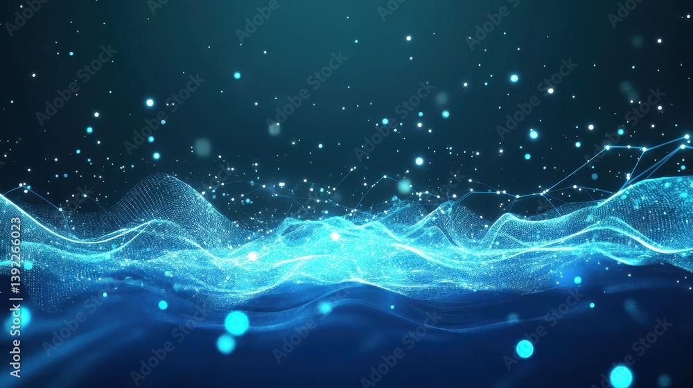 Aufkleber abstract digital landscape of glowing blue particles and waves with copy space for text related to d