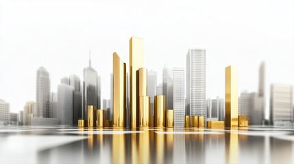 Stylized cityscape featu gold skyscrapers symbolizing fintech innovation, with ample copy space for text in a modern urban setting