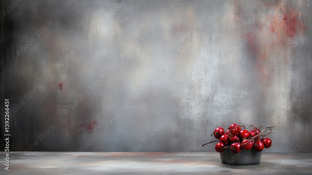 Poster rustic gray background with small gray bowl filled with vibrant red berries on ample copy space perf