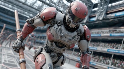 Futuristic Mecha Gladiator Competes in Intergalactic Arena with High-Tech Design and Dramatic Action