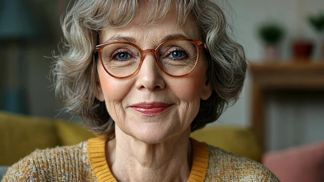 Close-up portrait of a smiling mature woman with blue eyes wearing eyeglasses indoors in a warm, soft focus interior