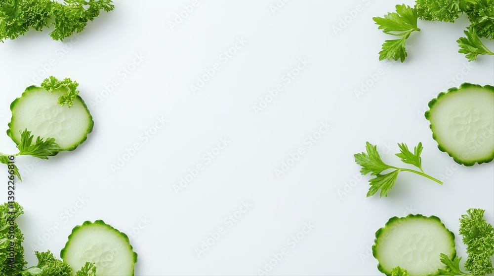 Poster fresh cucumber slices and vibrant parsley sprigs elegantly arranged on a white background creating a