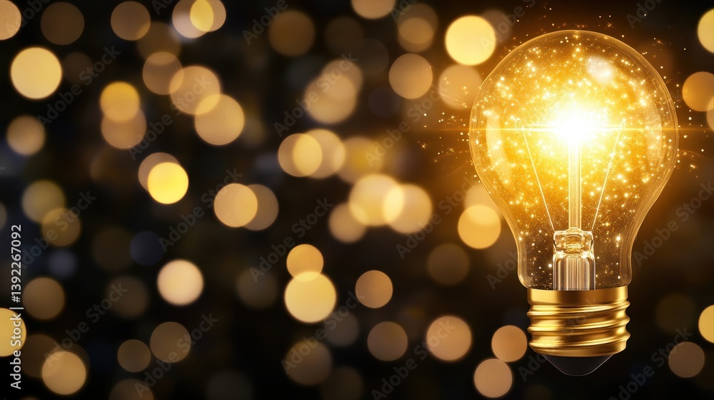 Poster a glowing lightbulb filled with sparkling particles illuminating against a backdrop of blurred golde
