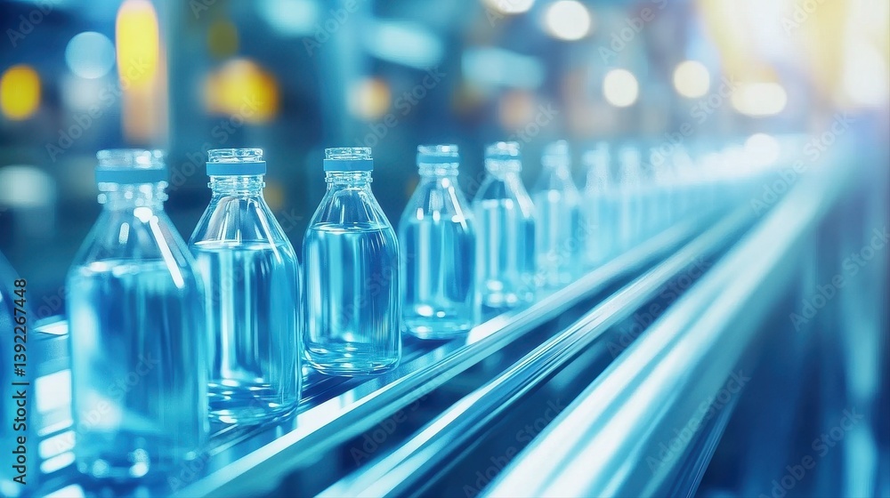 Poster conveyor belt transporting clear plastic bottles filled with light blue liquid demonstrating machine