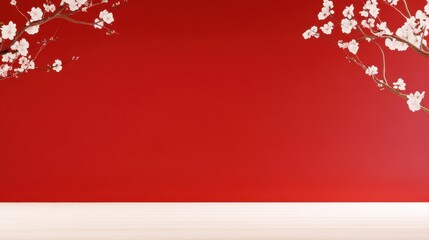 Vibrant Red Background with White Cherry Blossoms Framing Clean Horizontal Surface Ideal for Text Placement Celebrating Cultural Aesthetics and Elegance