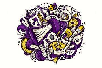 Vibrant Purple and Yellow Doodle Illustration with Megaphone and Geometric Shapes