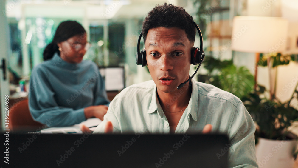 Poster call center, laptop and surprise with man in office for assistance, consulting or help. contact us, 
