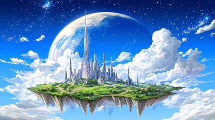 Floating Island City Amongst Clouds and a Large Planet