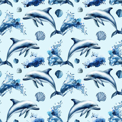 Seamless watercolor pattern. Dolphins seashells ocean waves blue colors for tropical sea life underwater animal design