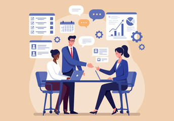 Office Collaboration: A vibrant vector graphic capturing an animated office scenario where teamwork thrives amidst charts, schedules, and shared ideas.