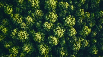 Aerial View of Lush Green Forest Canopy with Dense Tree Crowns and Sunlight