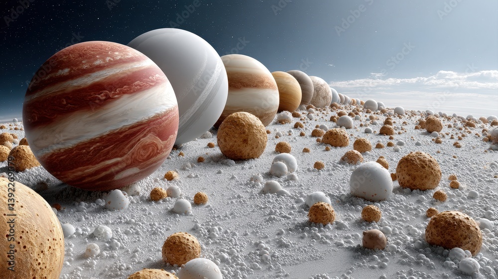 Poster surreal planetary system with floating planets and celestial bodies in a cosmic landscape