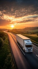 Aerial View White Truck on Highway at Sunset, Trees, Golden Sky, Nature, Road
