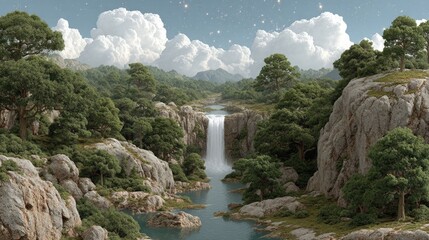 Surreal Landscape with Waterfall Flowing Upward into the Starry Sky in Dreamlike Environment