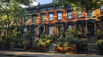 Fototapeta premium Row of charming residential homes with unique facades and lush greenery