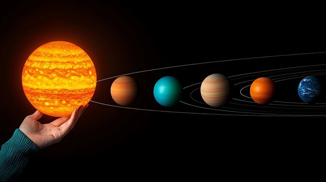 Hand holds a glowing sun. Planets align with orbits in the vast darkness of space