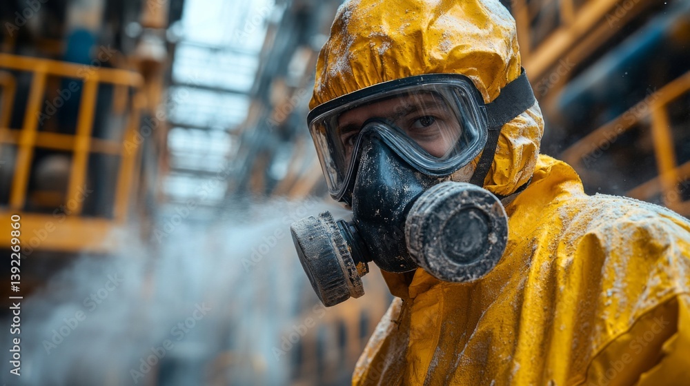 Aufkleber a worker equipped with a yellow protective suit and a respirator operates in a mining and excavation