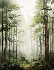 Watercolor forest fog wallpaper 