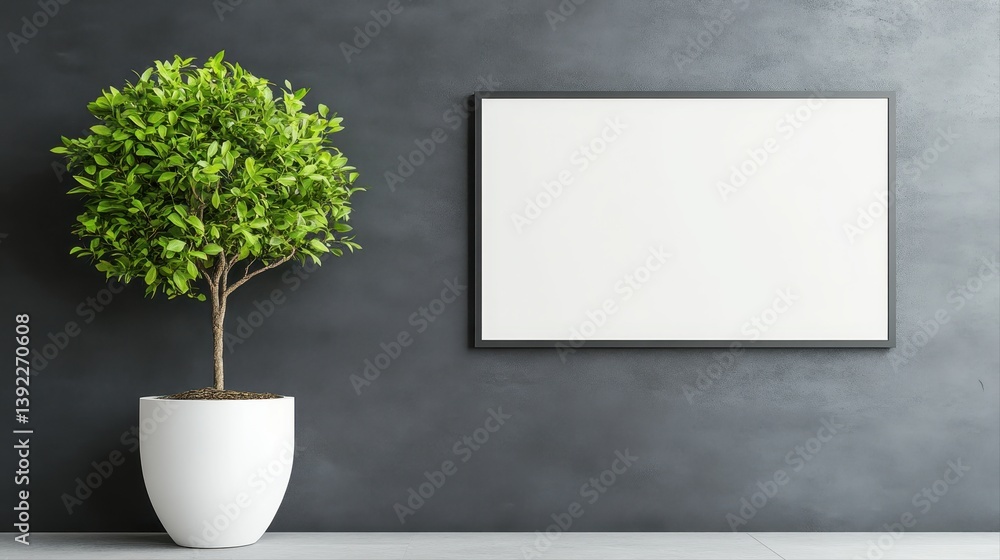 Poster minimalist mockup of a blank rectangular frame on a dark gray wall with a small potted plant for web