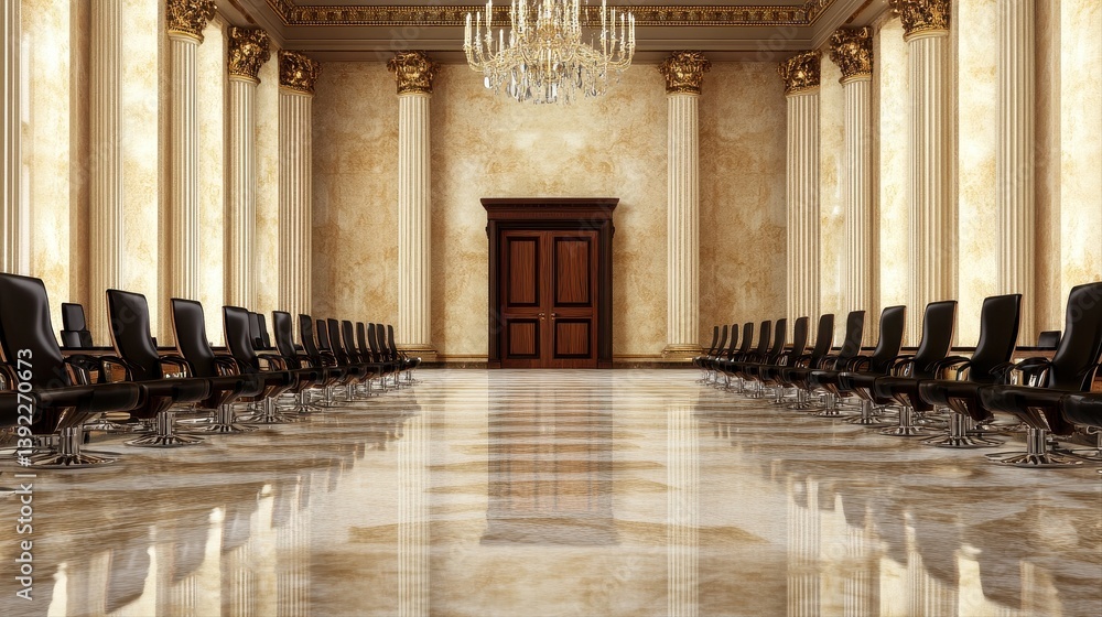 Poster an opulent grand hall featu rows of empty executive chairs facing a large wooden door with ample vir