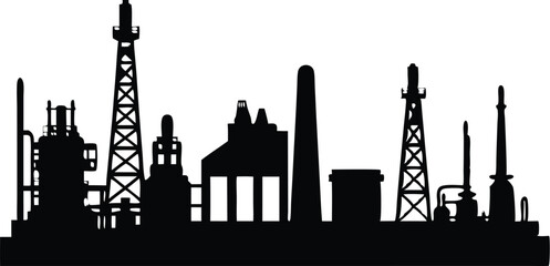 Obraz premium Industrial Plant Silhouette Showing Oil Refinery And Chemical Production Facility, industry, industrial, plant, silhouette, refinery, oil, chemical, factory, energy, production, manufacturing, tower