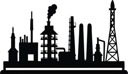 Industrial Factory Silhouette Illustration Of Power Plant And Manufacturing Complex, industrial, factory, silhouette, plant, manufacturing, complex, power, building, structure, construction, pollution