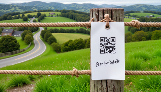Laminated tag with QR code and “Scan for Details” text hanging on a rope fence bordering a newly listed green field with countryside road behind