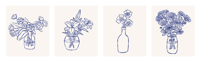 Various bouquets of flowers in vases. Minimalist hand drawn vector outline illustrations.