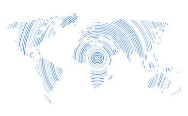 World map design made of blue concentric lines forming a global abstract technology concept. World map line global network illustration