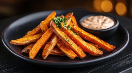 A creative food concept featuring a plate of crispy sweet potato fries 