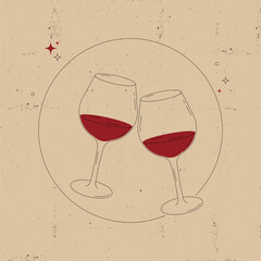 Vintage illustration of two clinking wine glasses in minimalist style. Retro romantic design perfect for invitations, packaging, bar menus, and Valentine's Day decor.

