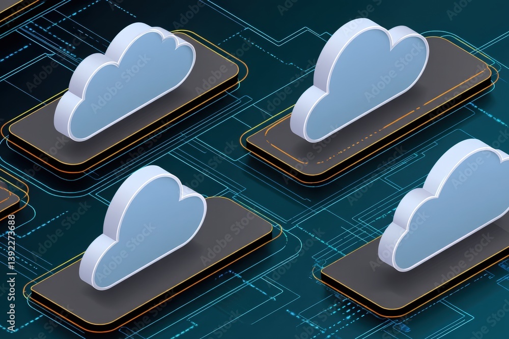 Poster cloud computing concept with stylized cloud icons on a digital background.